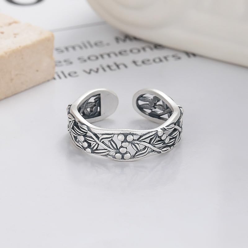 Rockyu 指輪 レディース 太め シルバー925 藤蔓モチーフ リング フリーサイズ 金属アレルギー対応 透かし彫り 植物デザイン