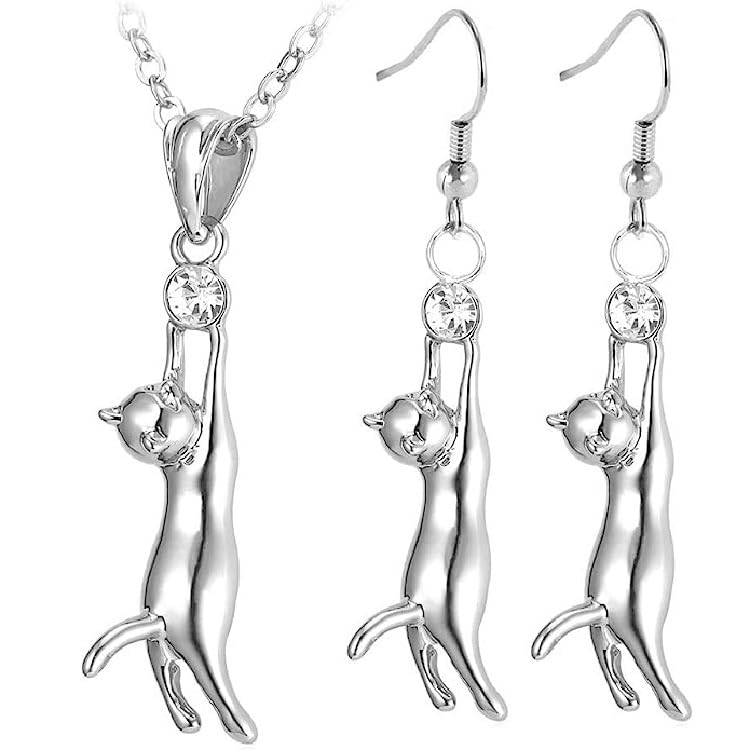 Rockyu ネックレス レディース 猫モチーフ ジルコニア付き ブラック&シルバー ペンダント