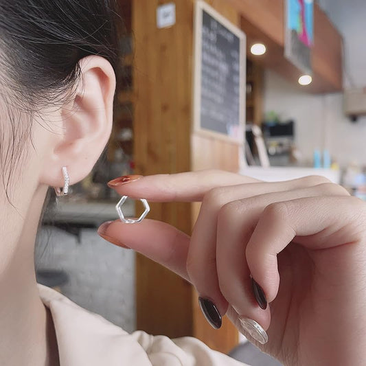 Rockyu ピアス レディース シルバー925 フープ 六角形&ツイスト 小さめ ジルコニア 男女兼用