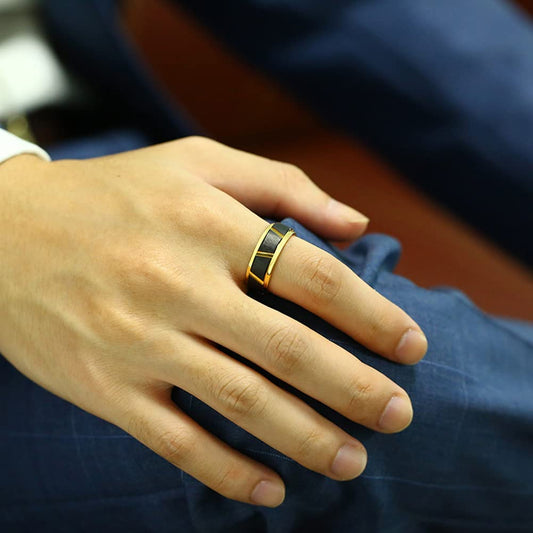 Rockyu タングステンリング メンズ ゴールド×ブラック マット仕上げ 幅広デザイン