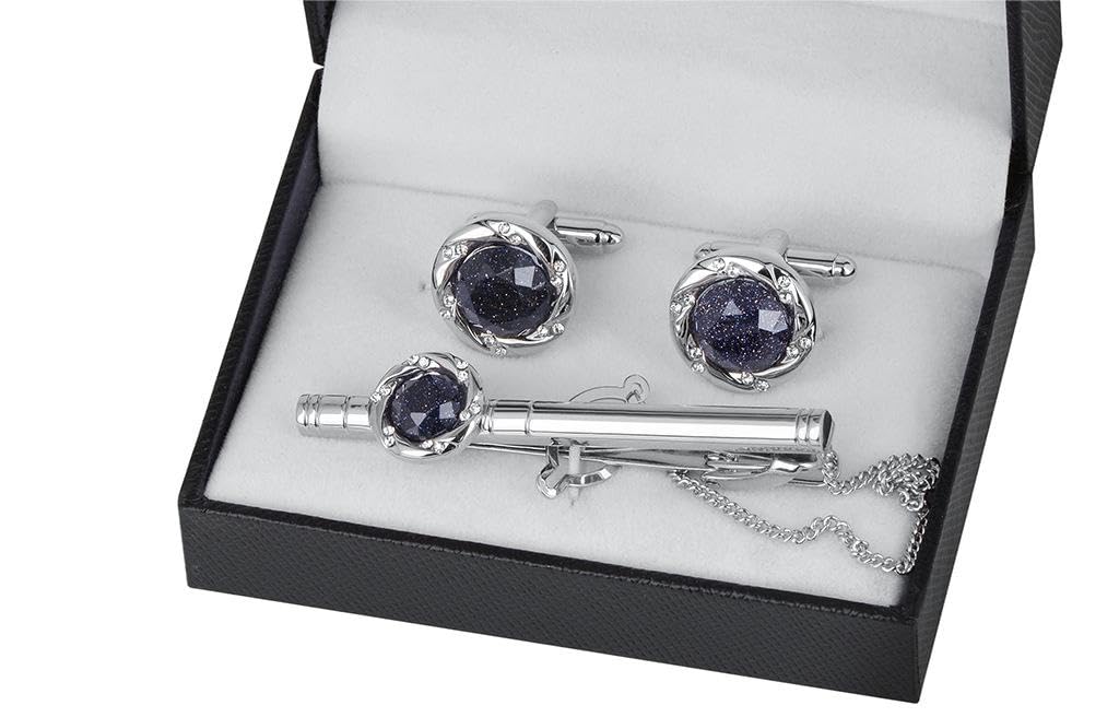 Rockyu カフスボタン&タイピンセット メンズ ブルーサンドストーン 17mm ラウンド ステンレス製 ビジネス フォーマル ギフト