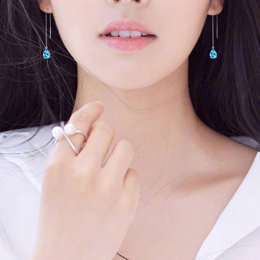 Rockyu チェーンピアス レディース ロングドロップ 涙型ジルコニア 金属アレルギー対応