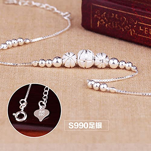 S990純銀製アンクレット レディース|煌めく中空ビーズ&ハートチャーム付