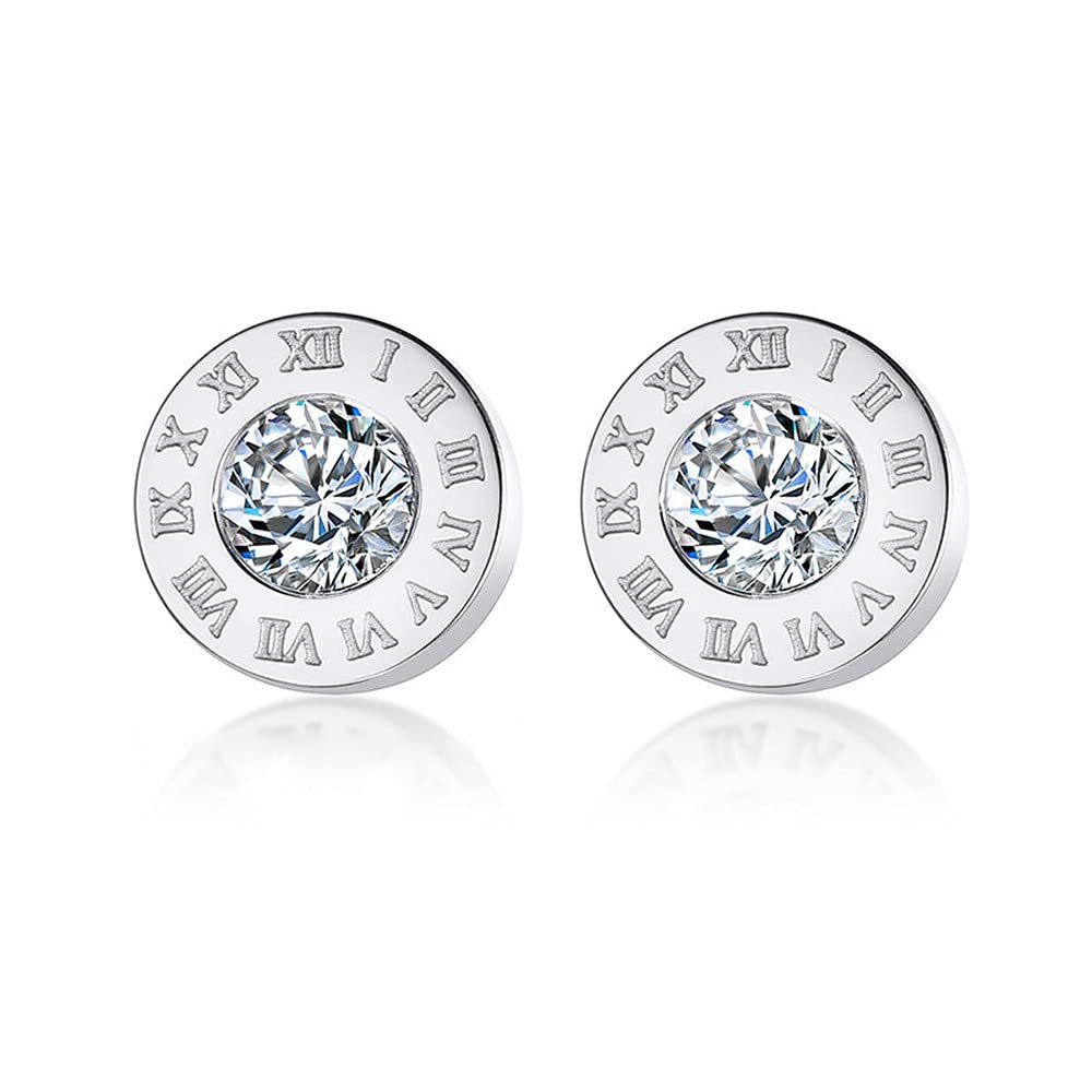 Rockyu レディースピアス ステンレス製 一粒ダイヤ&ローマ数字刻印 スタッドタイプ