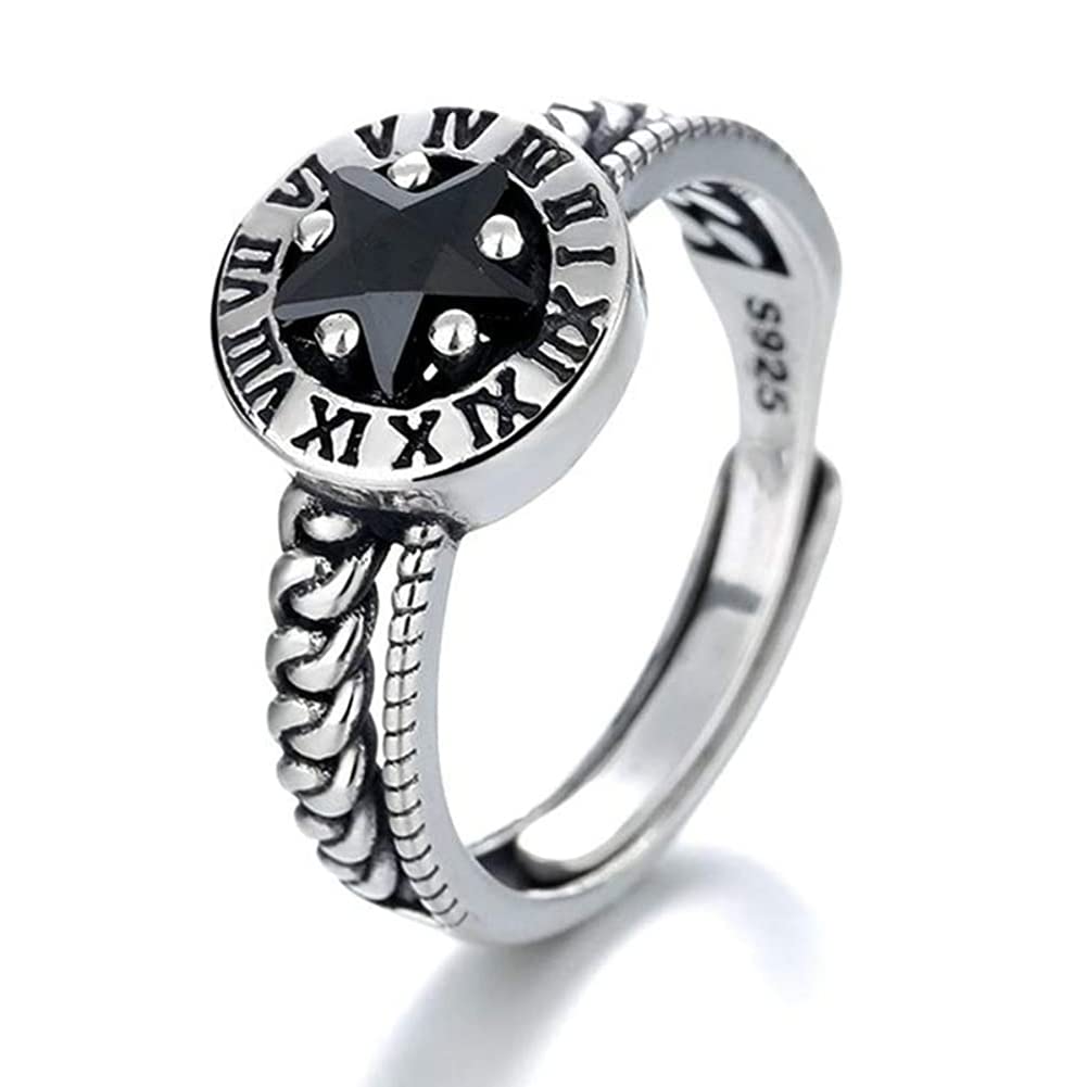 Rockyu ブラックストーン&星モチーフ シルバー925リング メンズ・レディース対応