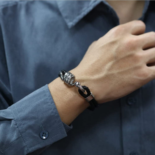 Rockyu ブレスレット メンズ スネークデザイン レザー&ステンレス ブラック 蛇モチーフ