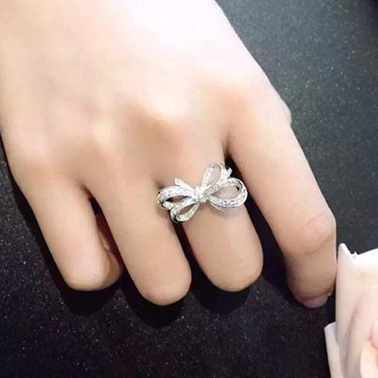 Rockyu レディース フリーサイズ リボンリング|ピンクゴールド&シルバー 多粒ダイヤ風デザイン