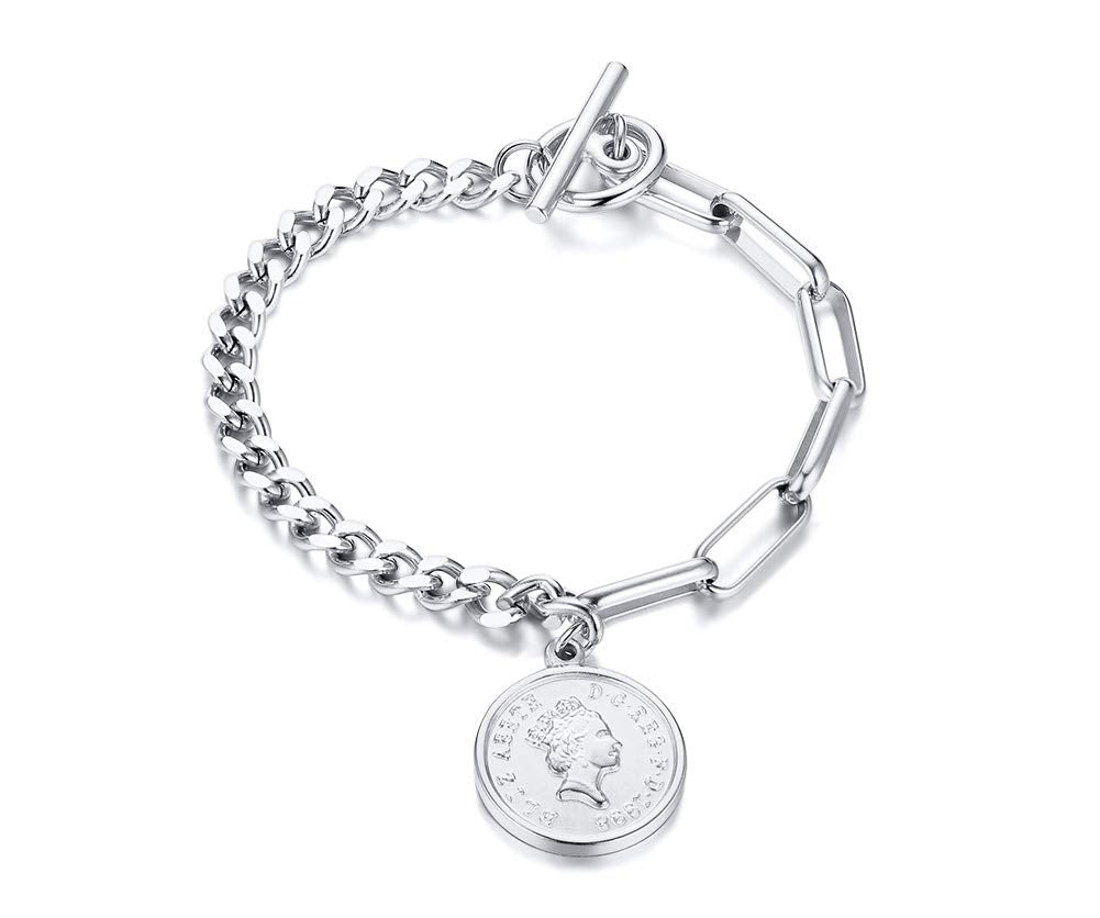 Rockyu ブレスレット レディース ピンクゴールド 18k 女王 エリザベス コインブレスレット おしゃれ ペンダント 十字架風チェーン 誕生日 パーティー プレゼント アクセサリー (ピンクゴールド)