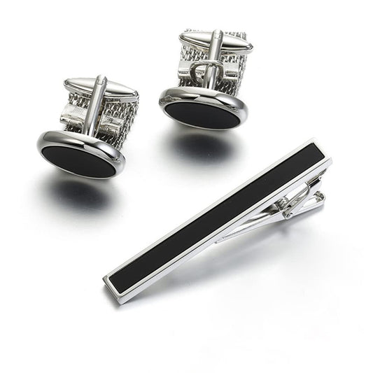 Rockyu ネクタイピン カフスセット メンズ 黒 楕円 ステンレス ビジネス
