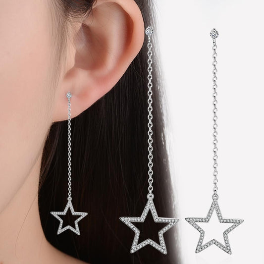 スター×ジルコニアピアス|シルバーチェーンで揺れる五芒星デザイン|アレルギー対応