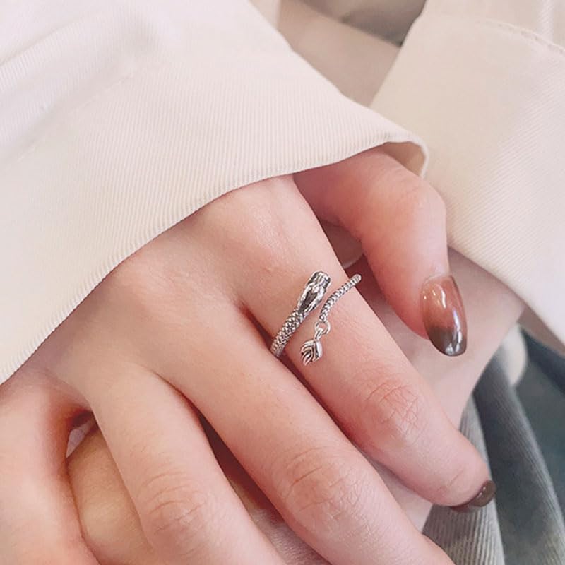 Rockyu ドラゴンリング シルバー925 フリーサイズ 細身デザイン 龍モチーフ 男女兼用アクセサリー