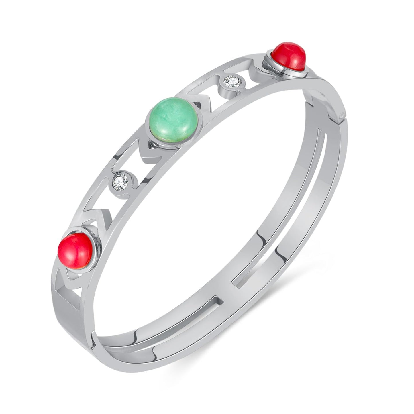 Rockyu レディース バングル 太め 透かし彫り 天然石 ゴールド・シルバー ステンレス 金属アレルギー対応