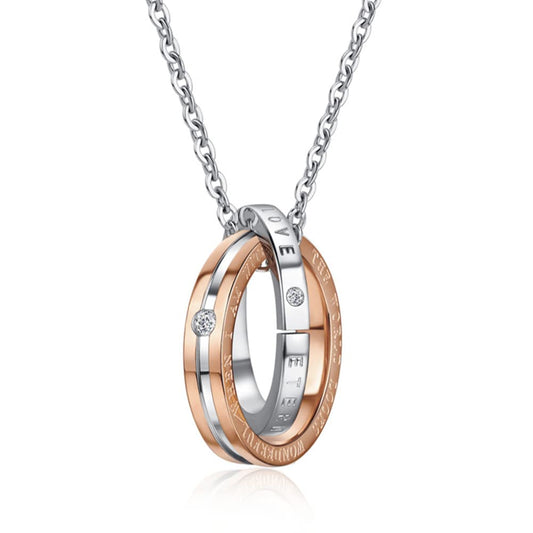 Rockyu 永遠の愛 ペアリングネックレス – 2連ステンレスリング×ジルコニア