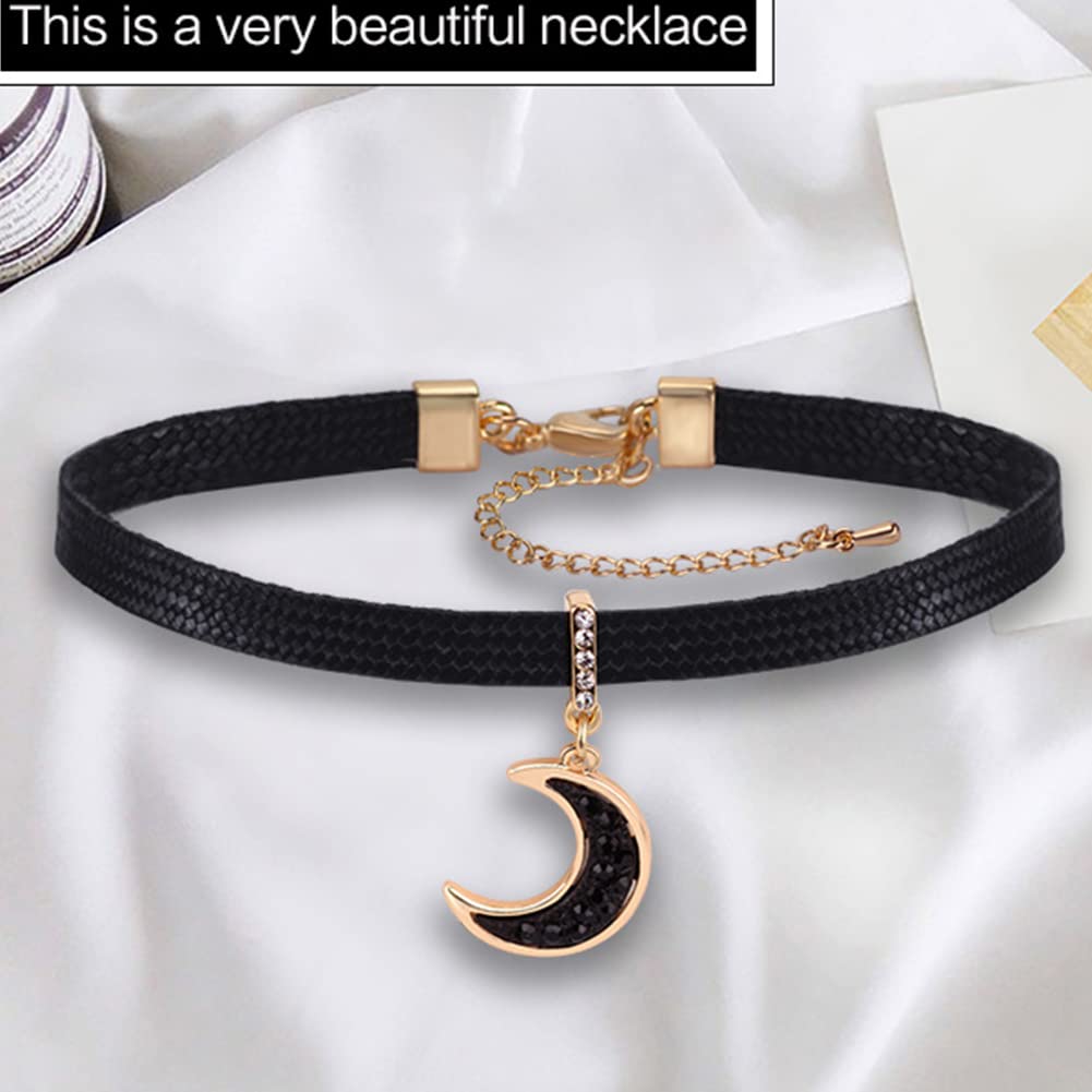 Rockyu 三日月チョーカー レディース 黒レザー×ピンクゴールド ジルコニア付き 金属アレルギー対応