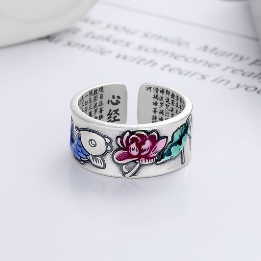 Rockyu 指輪 レディース フリーサイズ シルバー925 蓮花&鯉モチーフ リング 金属アレルギー対応 おしゃれ プレゼント