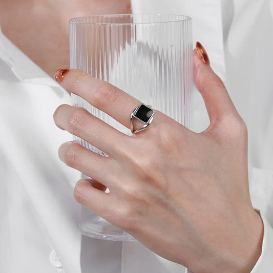 Rockyu シルバー925リング 正方形ブラックストーン 男女兼用 フリーサイズリング