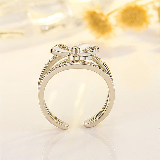 Rockyu 三つ葉モチーフリング|19K仕上げ×ジルコニア フリーサイズ レディース指輪