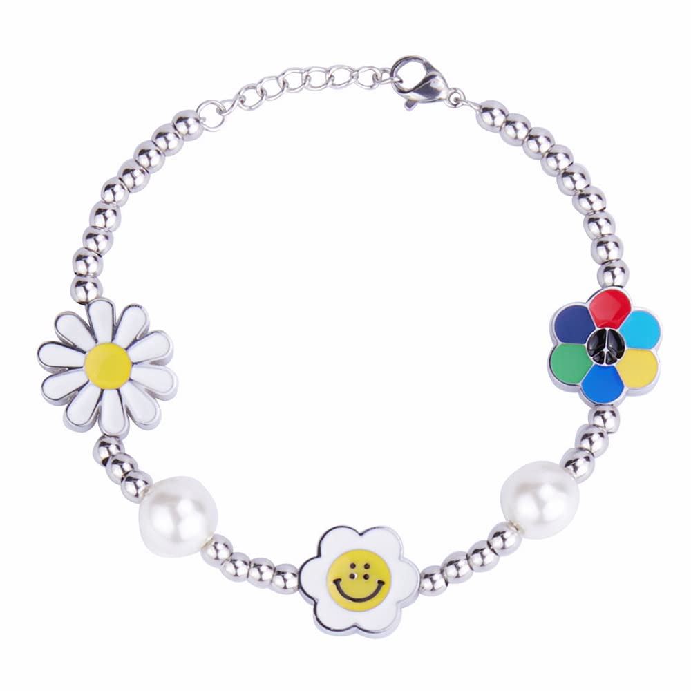 Rockyu ネックレス メンズ ホワイト|スマイル×パール×花モチーフ 真珠風デザイン チタンチェーン