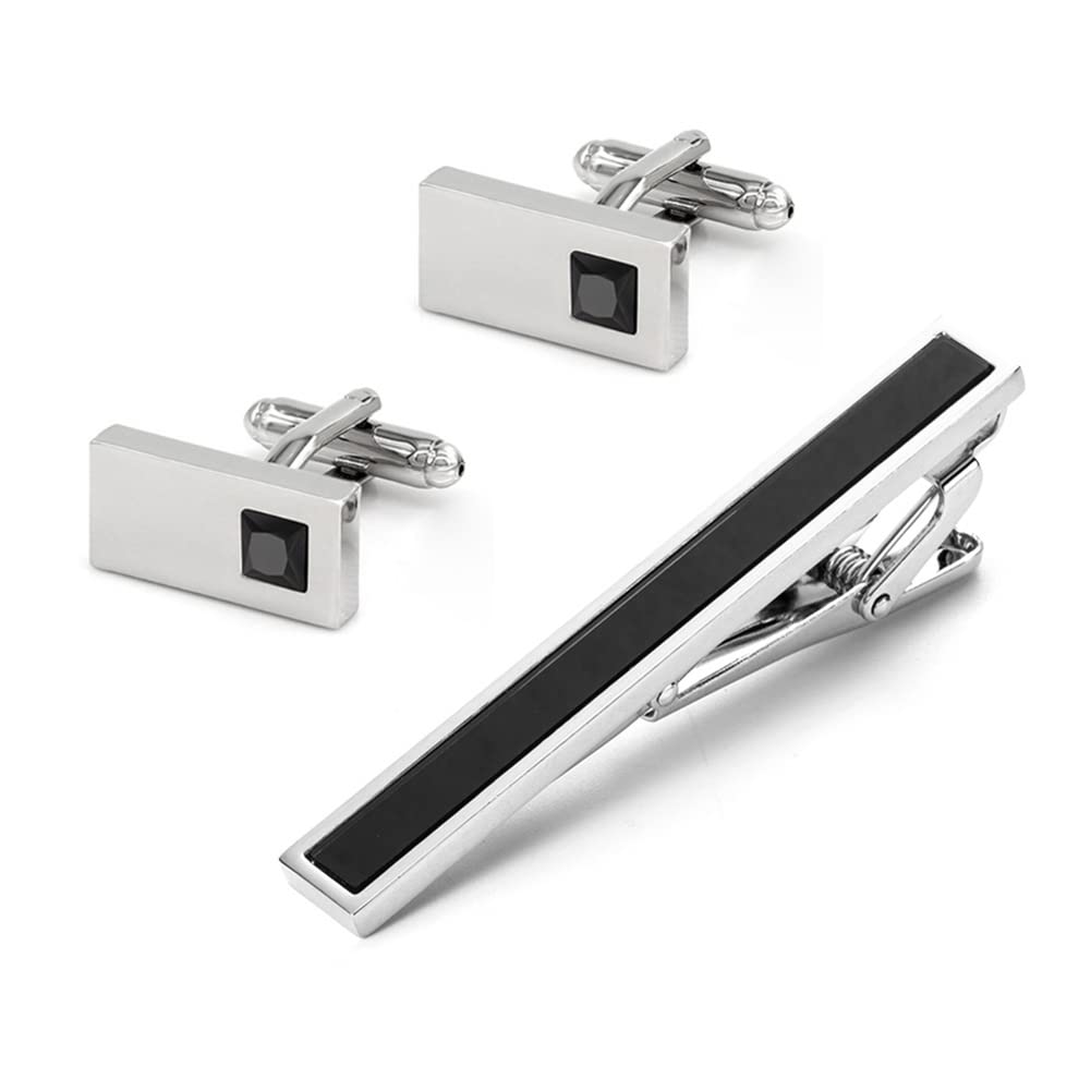 Rockyu ネクタイピン カフスセット メンズ 黒ジルコニア 長方形 ステンレス