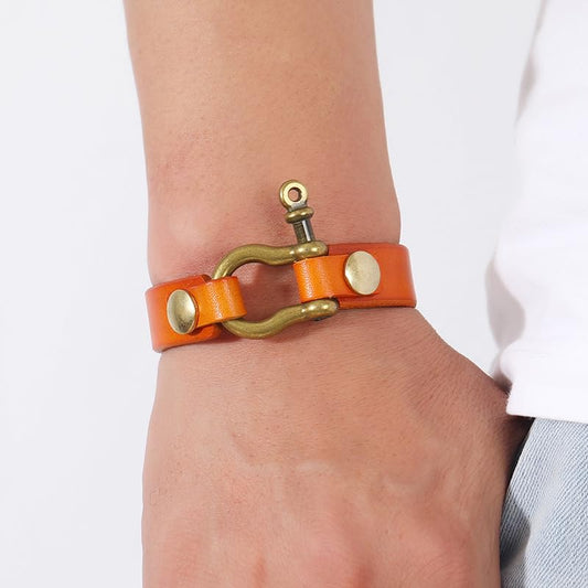 Rockyu ブレスレット メンズ 本革 馬蹄クラスプ アンティーク調 レザーバンド カジュアルアクセサリー