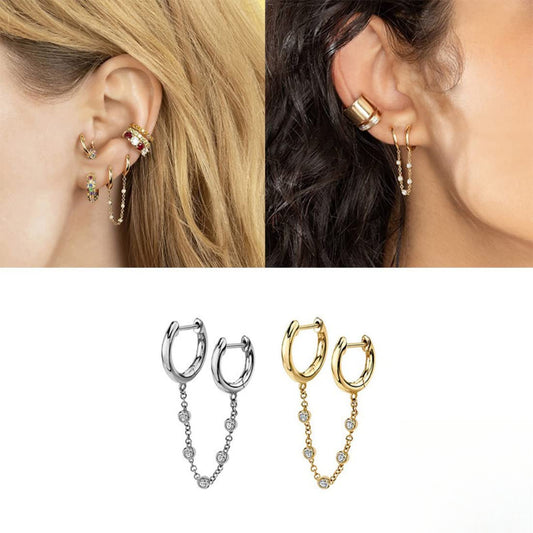 Rockyu ピアス レディース ダブルリングチェーン ジルコニア シルバー925 金属アレルギー対応