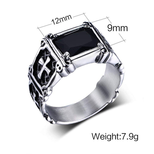 Rockyu 十字架スクエアリング メンズ アンティーク調クロス×赤黒ストーン指輪