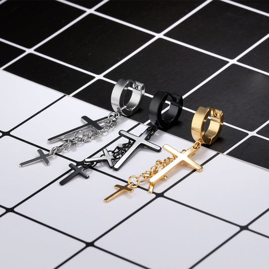 ダブルクロスピアス|ステンレス製フープチェーンピアス|ユニセックス・ヒップホップ風