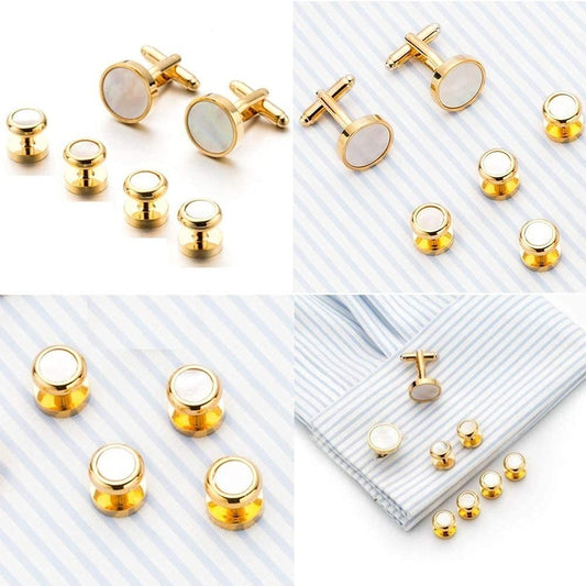 Rockyu メンズ カフスボタン セット 白蝶貝 ステンレス ゴールド シルバー スタッド 結婚式 ビジネス