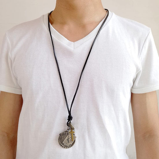 Rockyu ネックレス メンズ レザー 紐 ペンダント 十字架 トランプモチーフ ステンレス ヴィンテージ アクセサリー