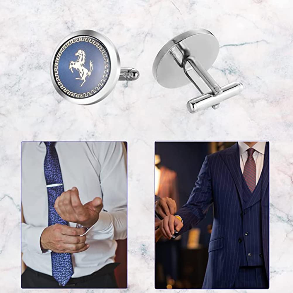 Rockyu メンズ シルバー タイピン&カフスセット(馬・市松模様)