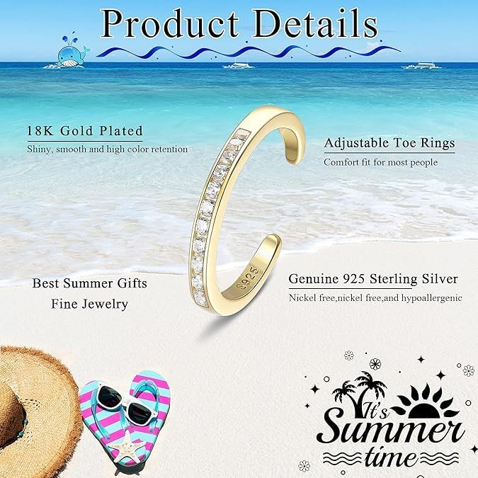 Rockyu トゥーリング レディース つけっぱなし 調整可能 3点セット 18金コーティング CZダイヤ 花 フラワーデザイン サマーアクセサリー