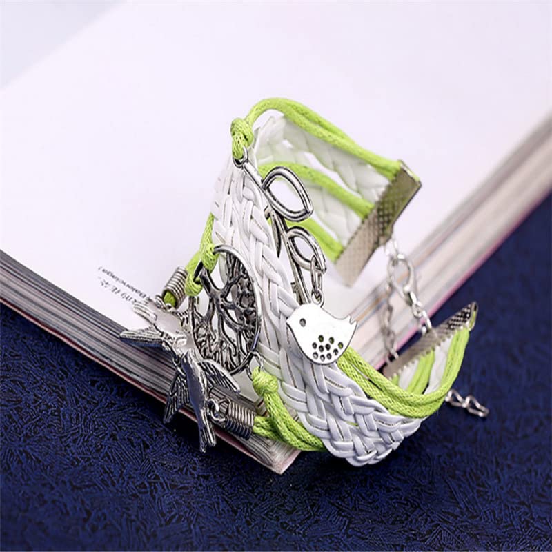 【平和の象徴ブレス】鳥&生命の木モチーフ 編み込みブレスレット|グリーン×ホワイト 男女兼用