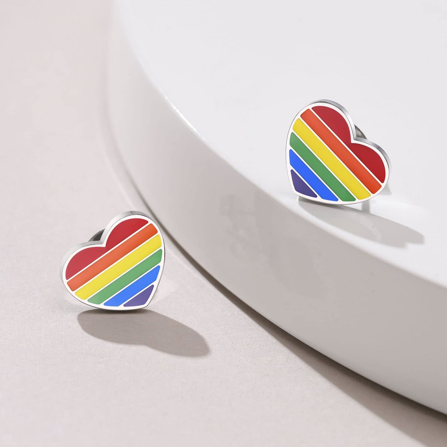 Rockyu レディース ピアス ハート レインボー ステンレス鋼 金属アレルギー対応 エナメル カラフル セカンドピアス