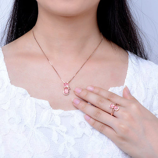 Rockyu ネックレス レディース ピンクゴールド 猫モチーフ 天然石 ジルコニア