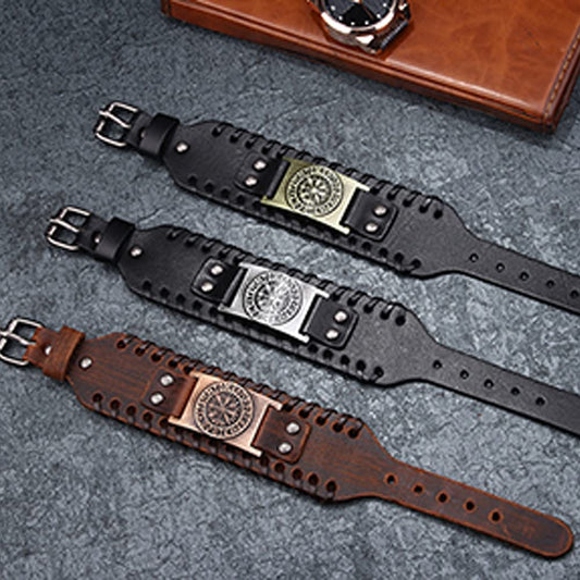 Rockyu 幅広レザーブレスレット メンズ 羅針盤プレート&ルーン刻印 本革&PU素材