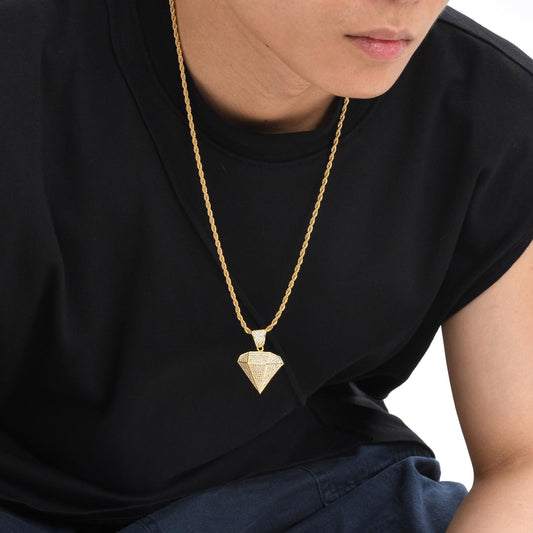 CZダイヤペンダントネックレス|メンズ ヒップホップ ゴールド ロープチェーン付き