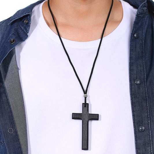 Rockyu ネックレス メンズ 木製 クロス チャーム 十字架 ロング紐 カジュアル 立体デザイン