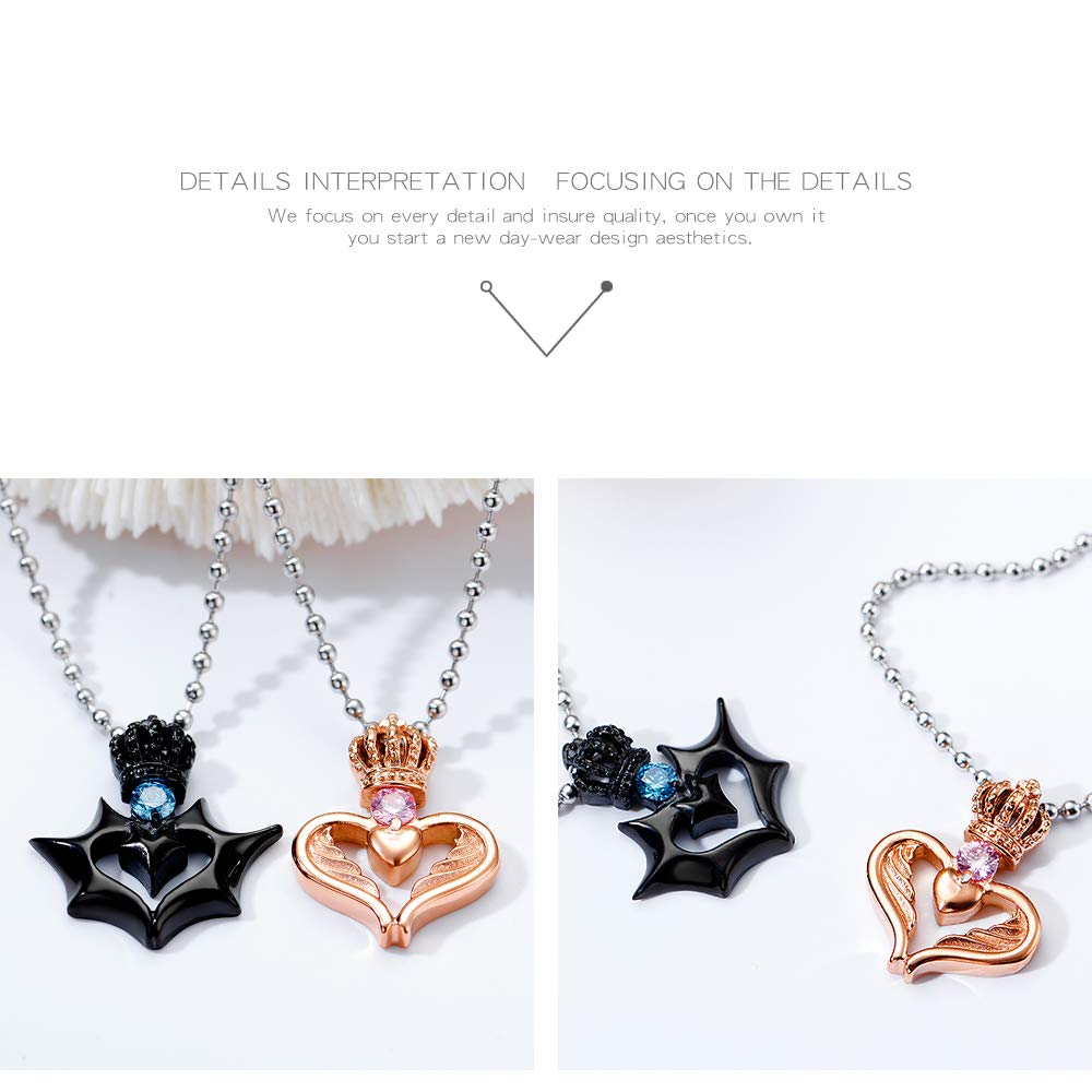 Rockyu 王冠ハートペアネックレス|クラウン×サファイア風デザインのカップルジュエリー