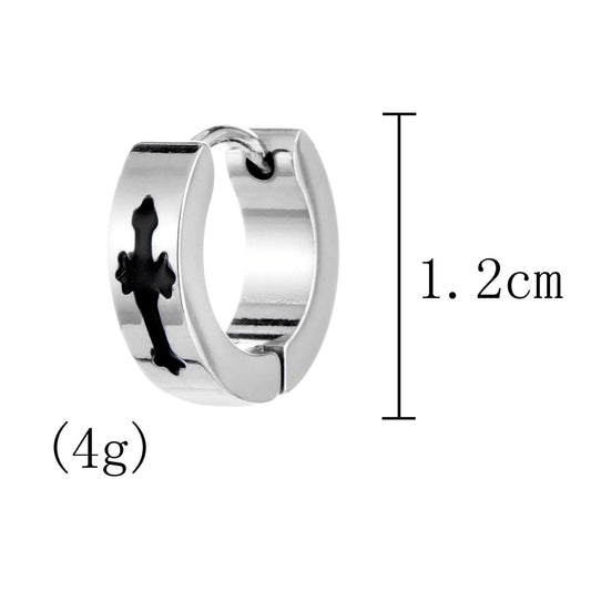 Rockyu メンズフープピアス シルバー クロスデザイン ブラックインレイ ステンレス製 金属アレルギー対応