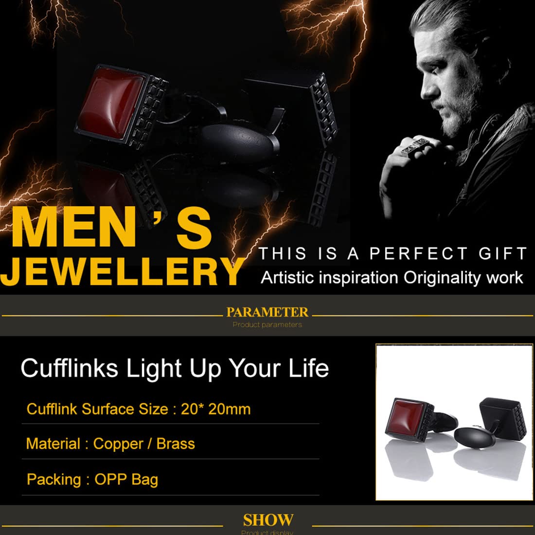 Rockyu カフスボタン メンズ おしゃれ ブラック レッド宝石 四角 大粒カフス ビジネス 就職祝い 誕生日 プレゼント カフリンクス