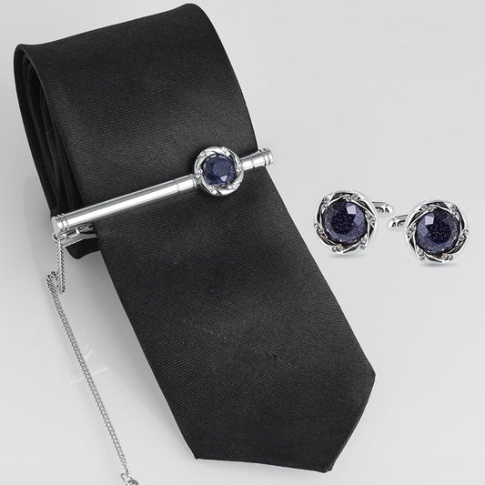 Rockyu カフスボタン&タイピンセット メンズ ブルーサンドストーン 17mm ラウンド ステンレス製 ビジネス フォーマル ギフト