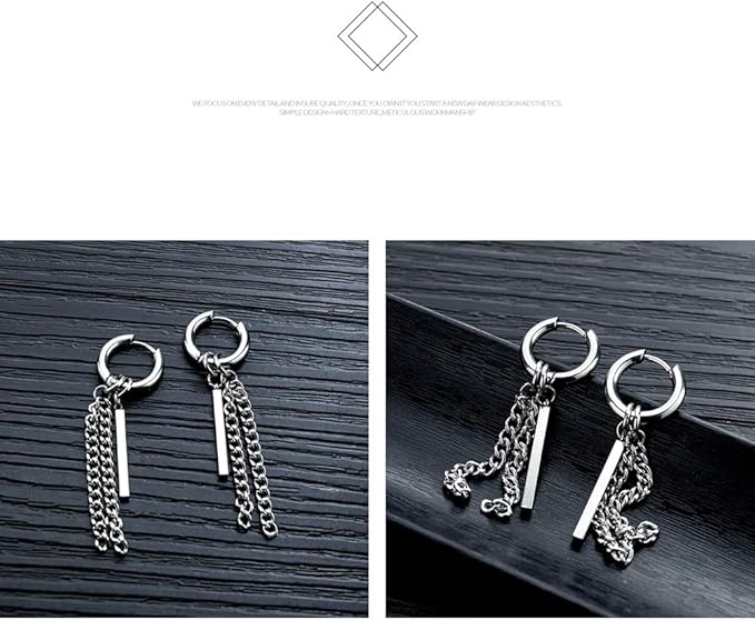 Rockyu チェーンバー ピアス メンズ ステンレス製 片耳 フープ&2連チェーン 6g 金属アレルギー対応