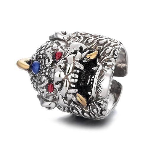 Rockyu 貔貅モチーフ シルバーリング 太めデザイン フリーサイズ メンズアクセサリー