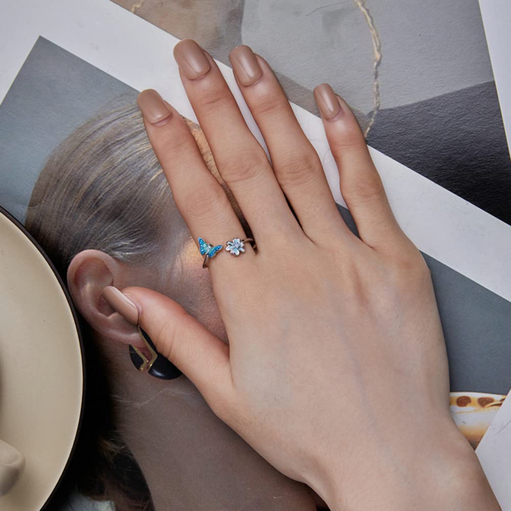 Rockyu レディース バタフライリング シルバー925 蝶モチーフ ジルコニア 花デザイン フリーサイズ 金属アレルギー対応