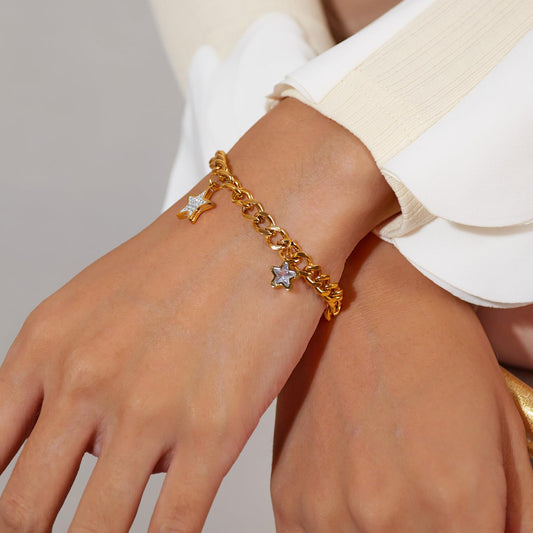 Rockyu ブレスレット レディース ゴールド 星型チャーム ジルコニア付き ステンレスチェーン