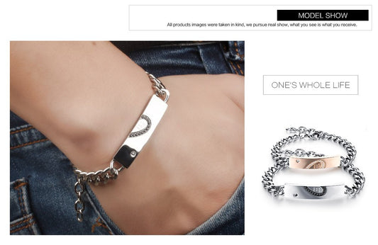 Rockyu ペアブレスレット カップル用 ハートモチーフ ステンレス ピンクゴールド&ブラック