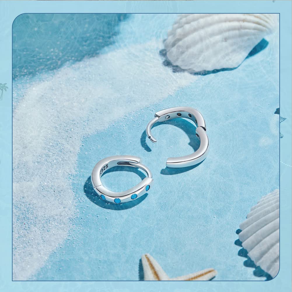 Rockyu ツイストフープピアス レディース 小さめ シルバー925 津波風デザイン ターコイズ風ブルー