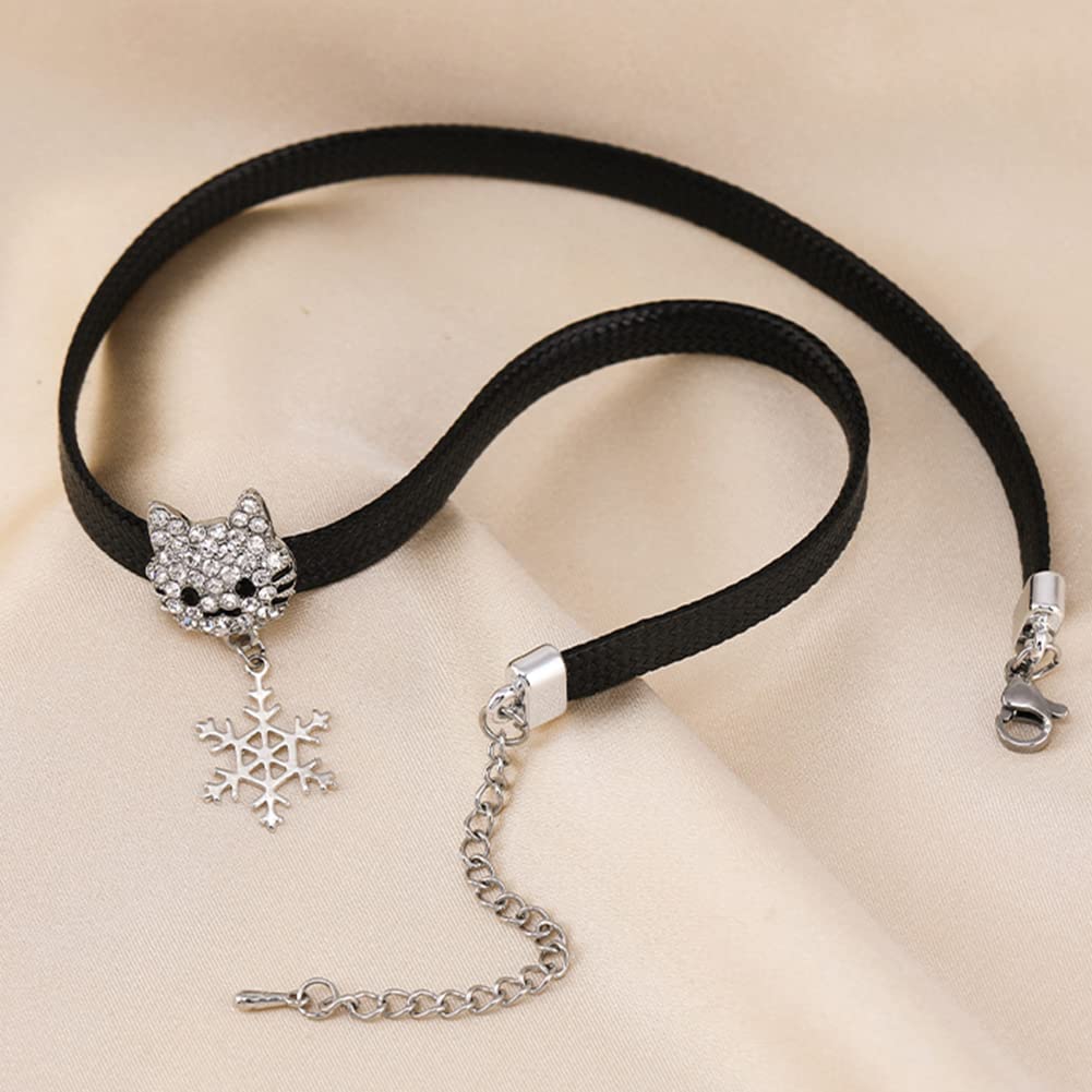 Rockyu チョーカー レディース 黒 レザー 猫 ジルコニア 雪華ペンダント