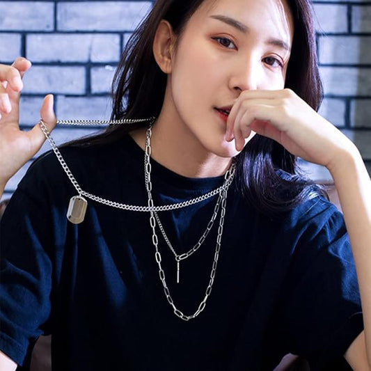 Rockyu レディース三連ネックレス クロスチャームとプレート付きチェーンペンダント