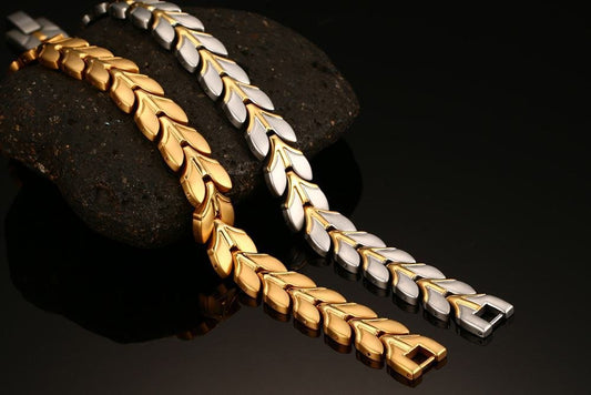 Rockyu 磁気チタンブレスレット|麦の穂デザインのゴールドステンレスメンズアクセ